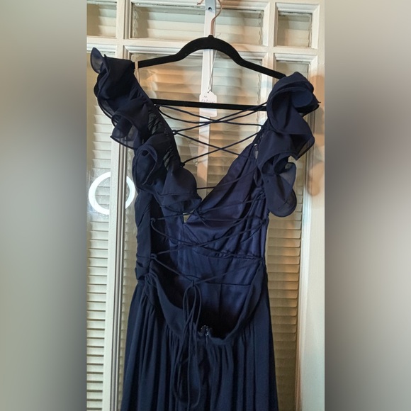 Lulu’s Navy Blue Lace Up Ruffle Maxi Dress-Size Medium - Picture 10 of 12